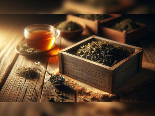 Darjeeling Oolong Tea leaves in a wooden box with a cup of tea on a wooden surface