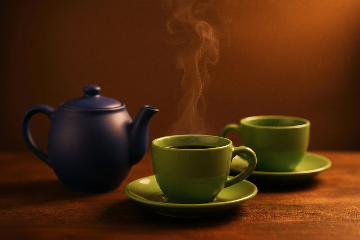 Steaming cups of Darjeeling blended tea and teapot on a wooden surface with warm lighting