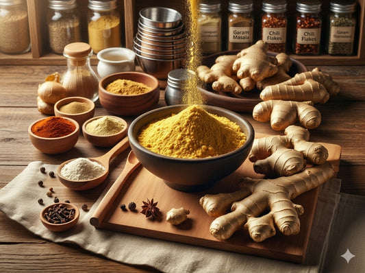 Ginger and Ginger powder with spices including, turmeric, and various containers on a wooden surface.