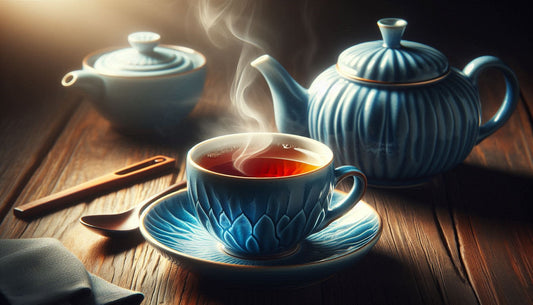 Steaming Meghalaya CTC tea in a blue teacup and teapot on a wooden table