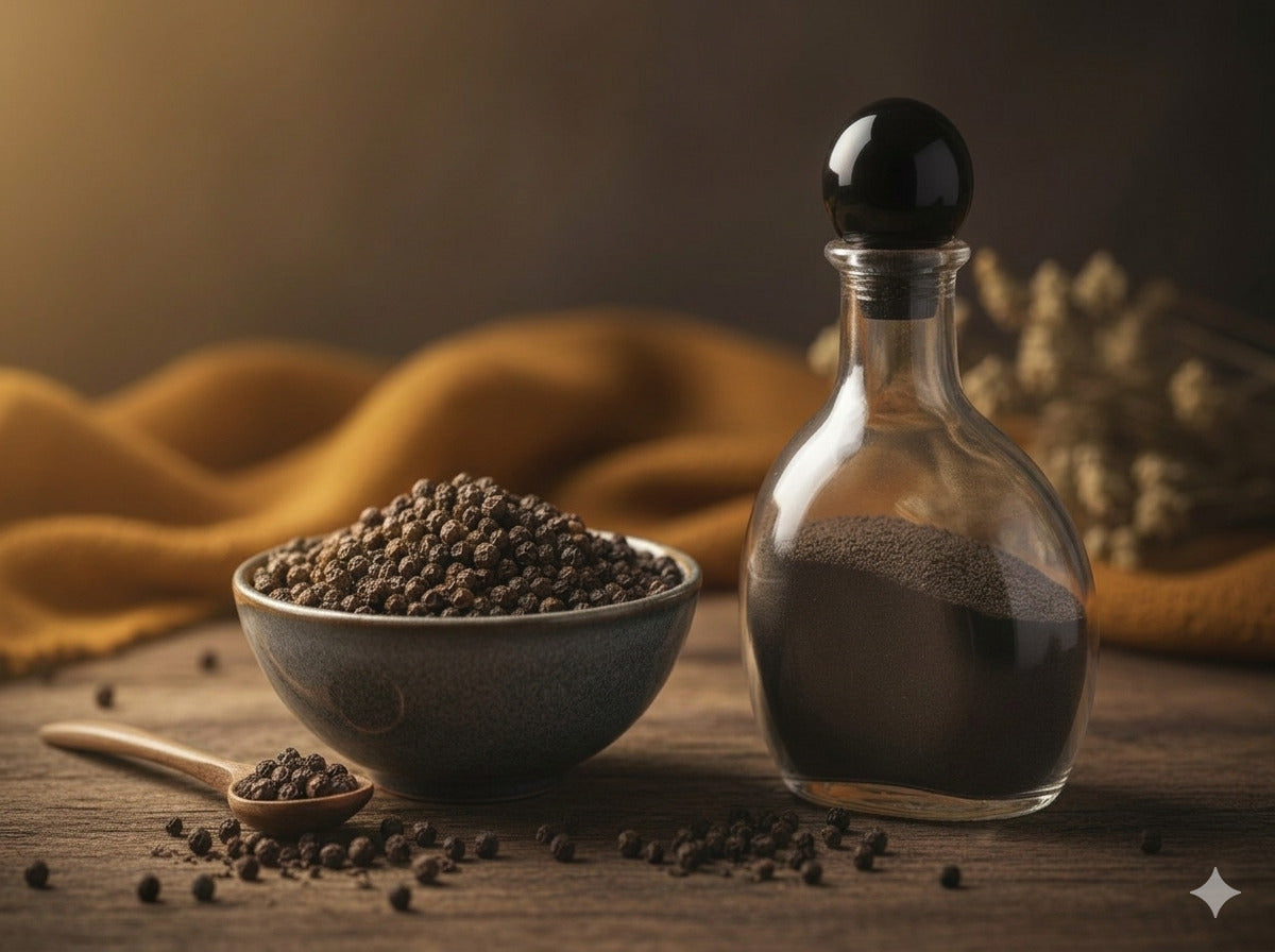 Bowl and bottle of fresh Meghalaya black pepper on a wooden surface with a blurred background