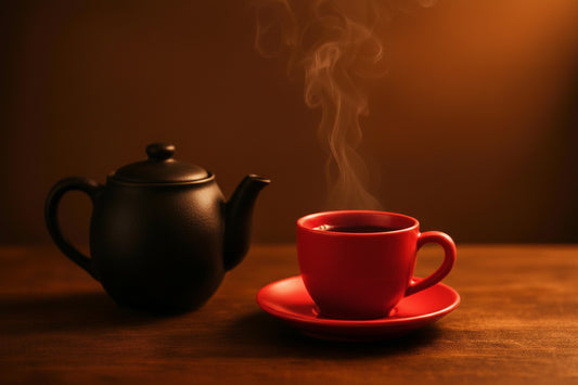 Red cup of steaming tea on a saucer with a black teapot on a wooden surface.