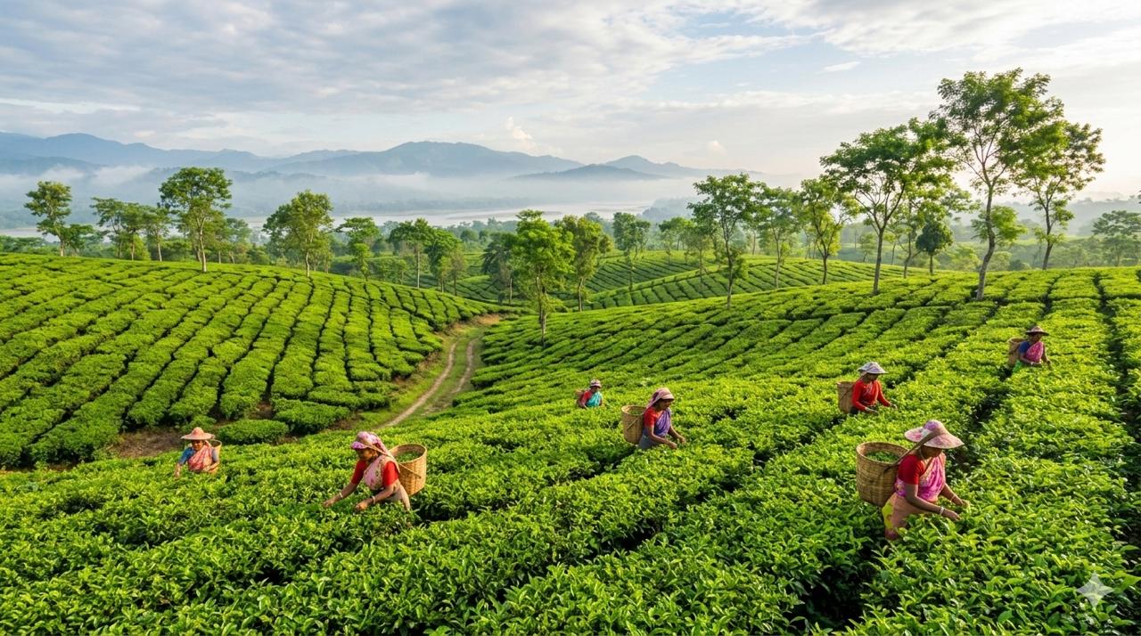 People working in an Assam tea plantation with mountains in the background