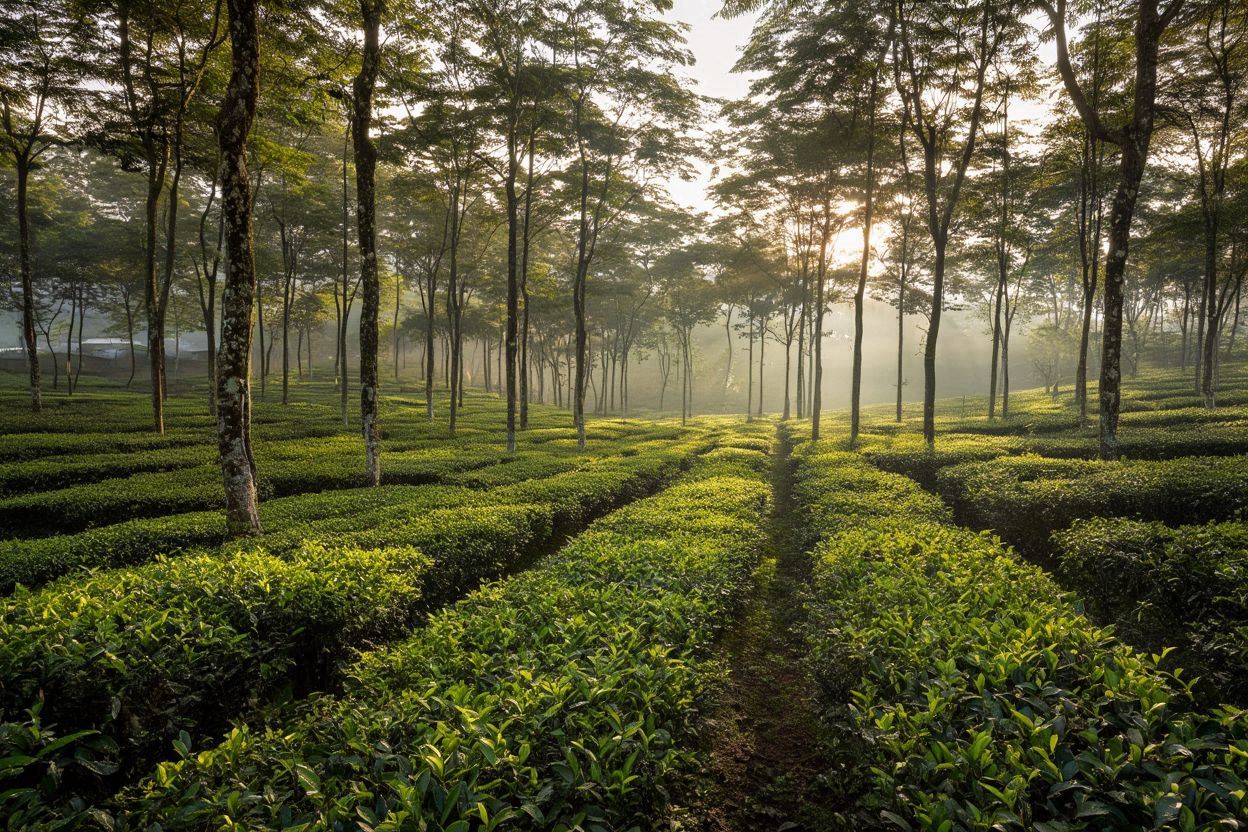 Tea plantation in Assam with rows of green tea bushes and trees in the background.