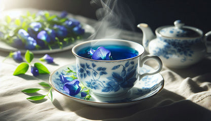 Steaming blue tea in a decorative teacup with flowers and teapot on a textured surface