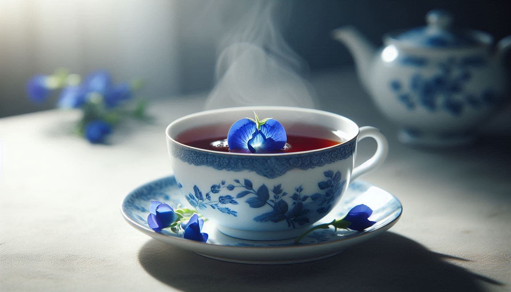 Steaming cup of tea with blue flowers on a saucer, accompanied by a teapot, on a wooden surface.