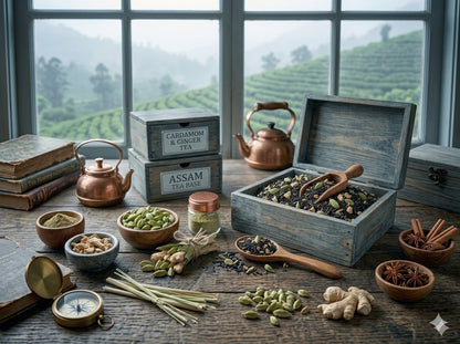 Cardamon Ginger Tea ingredients and tools on a wooden table with a scenic window view.
