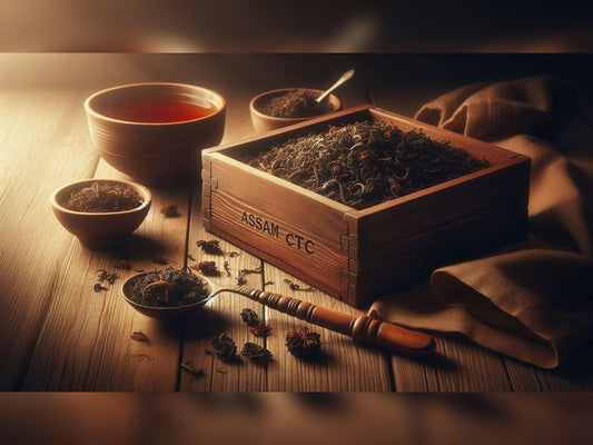 Assam CTC tea leaves in a wooden box with a teacup and spoon on a wooden surface.