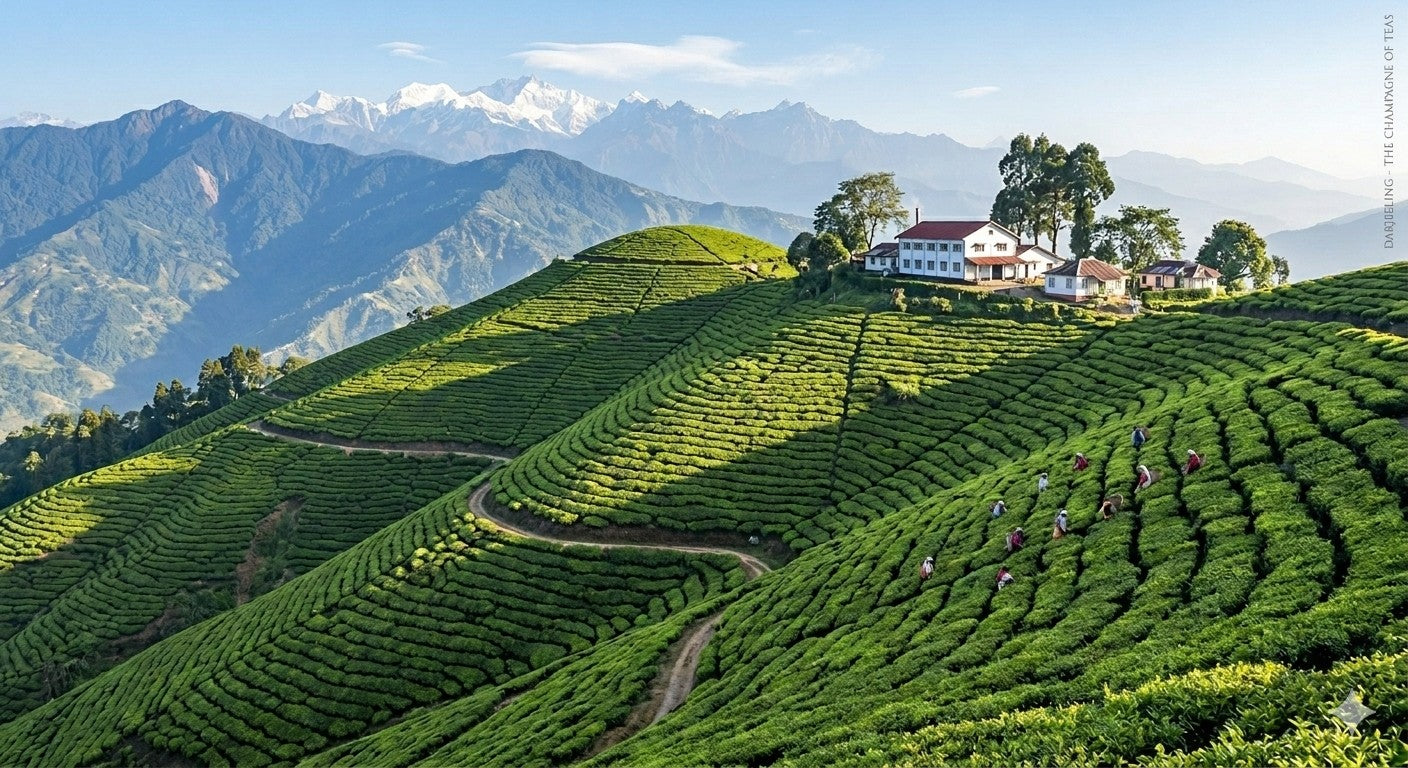Tea plantation with houses and mountains in the background