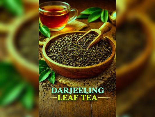 Darjeeling leaf tea with a cup of tea and tea leaves on a wooden surface.