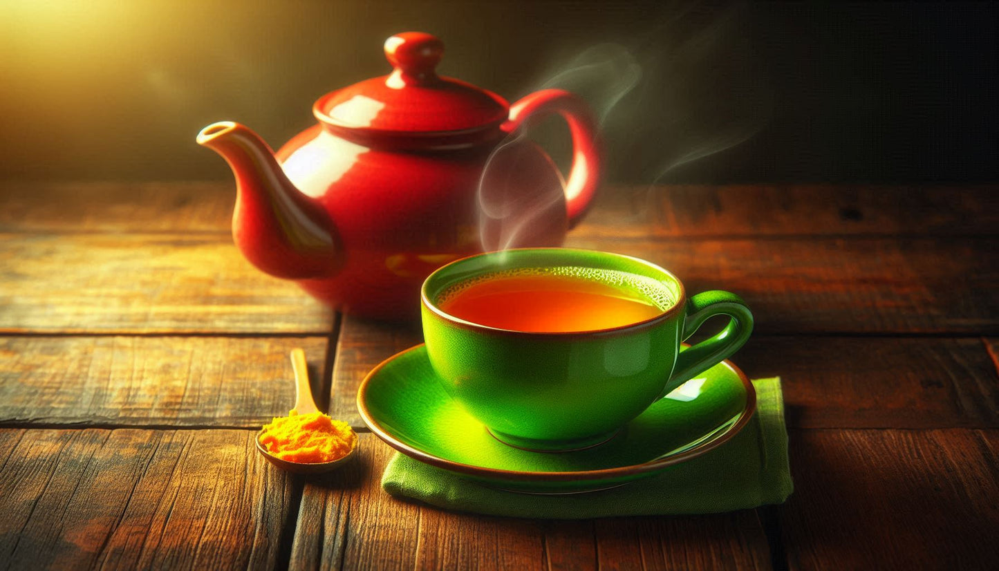 Red teapot and cup of green tea with turmeric on a wooden table with steam rising.