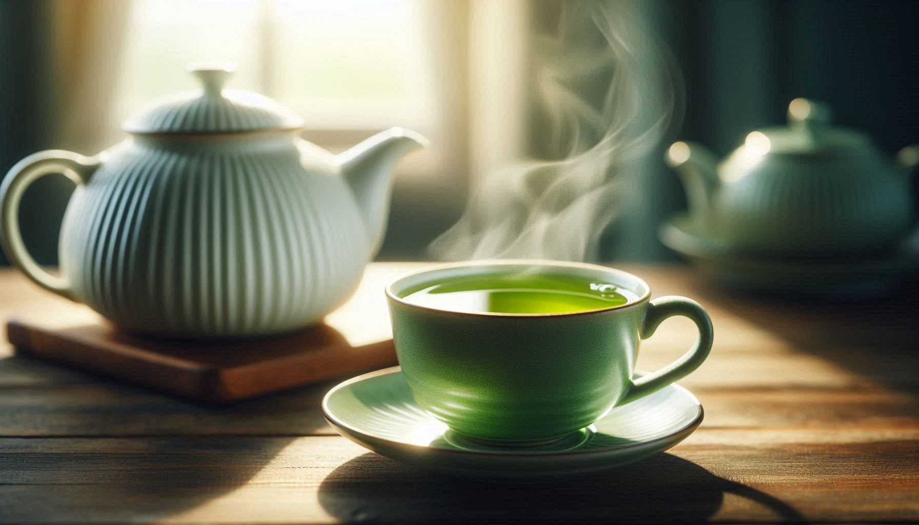 Steaming green tea cup with teapot on a wooden table
