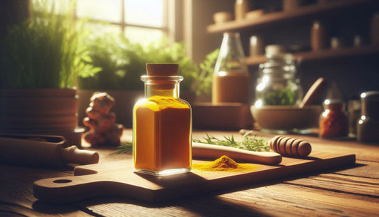 Bottle of turmeric on a wooden table with herbs and a window in the background