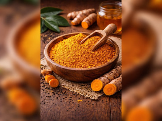 Turmeric powder in a wooden bowl with turmeric roots and leaves on a wooden surface