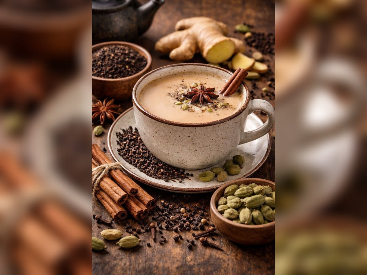 Masala tea with spices on a wooden surface