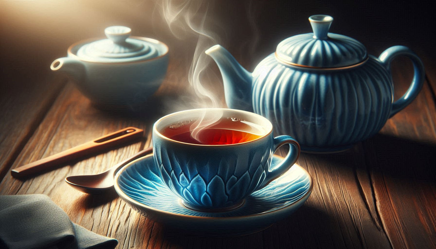 Steaming Meghalaya CTC tea in a blue teacup and teapot on a wooden table