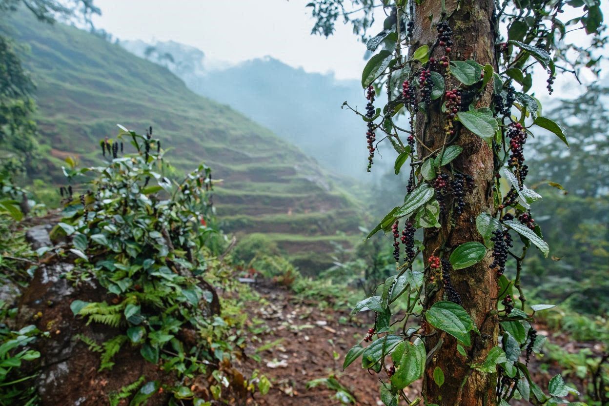 Wild peppers growing in Meghalaya's hilly landscape 