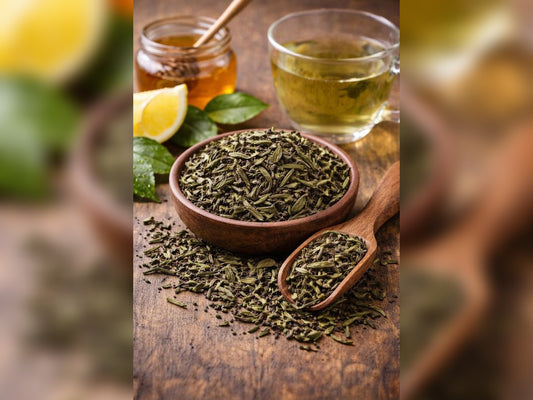 Organic Green Tea leaves in a bowl with a cup of tea, lemon, and honey on a wooden surface.