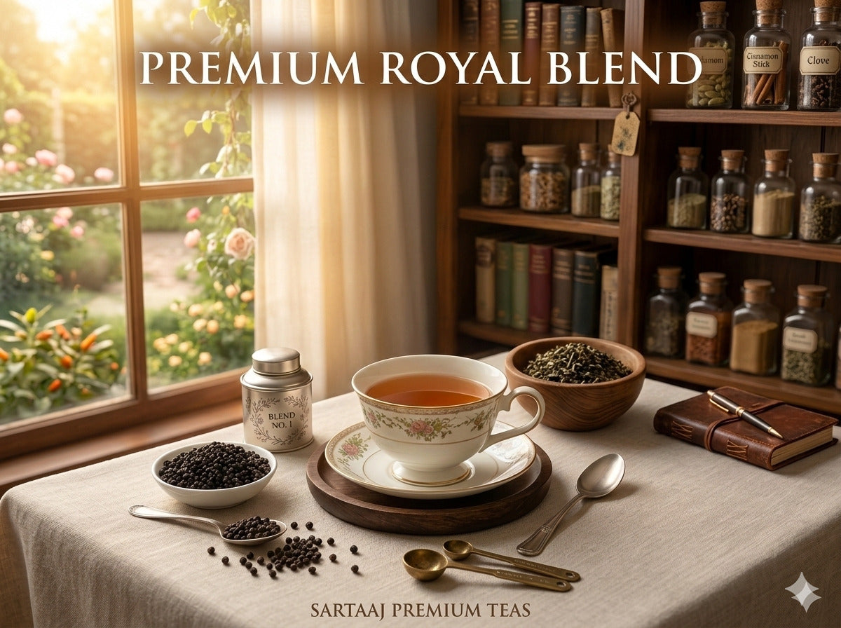 Tea setup with a cup, tea leaves, and books on a table by a window, featuring the Sartaaj 'Premium Royal Blend' Tea.