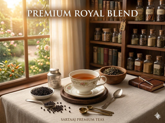 Tea setup with a cup, tea leaves, and books on a table by a window, featuring the Sartaaj 'Premium Royal Blend' Tea.