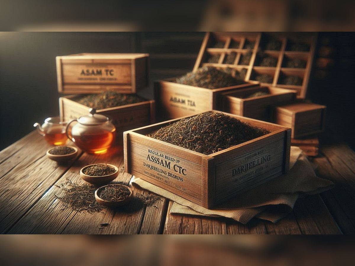 Assam tea and Darjeeling brokens with wooden crates and teacups on a wooden table