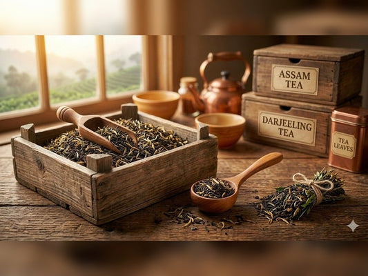 Assam and Darjeeling Royal Premium blend tea leaves in wooden containers on a wooden table with a blurred background.
