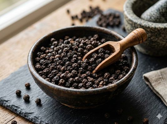 Black pepper kernels from Meghalaya in a bowl with a wooden scoop on a wooden surface