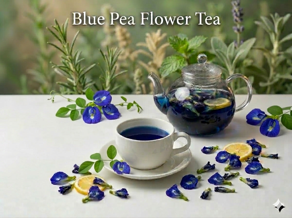 Sartaaj Blue pea flower tea with a teapot and cup on a white surface with greenery in the background.