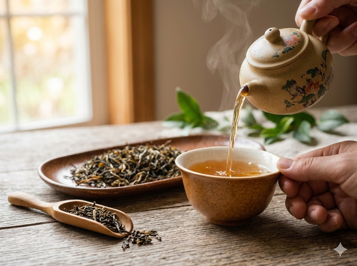 Darjeeling Oolong Tea being poured from a decorative teapot into a cup on a wooden table with tea leaves and a teacup.