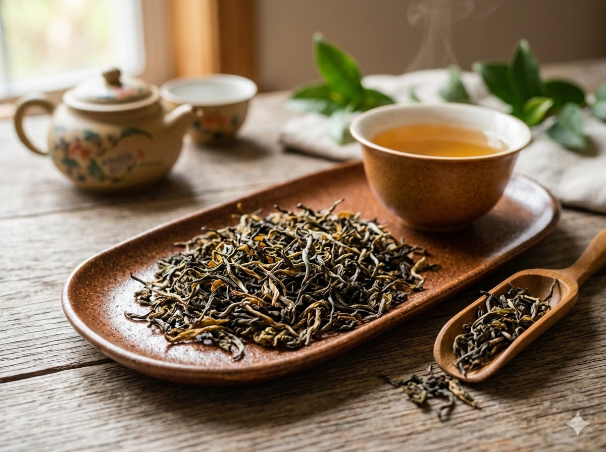 Darjeeling Oolong Tea making setup with a teapot, cup, and tea leaves on a wooden surface.
