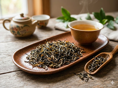 Darjeeling Oolong Tea making setup with a teapot, cup, and tea leaves on a wooden surface.