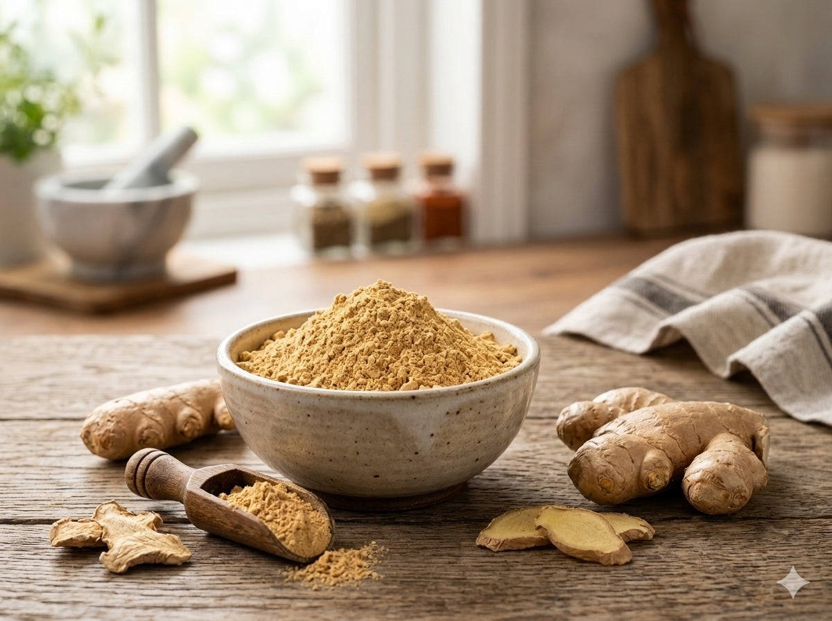 Bowl of dried ginger powder from Meghalaya on a wooden table with fresh ginger roots.