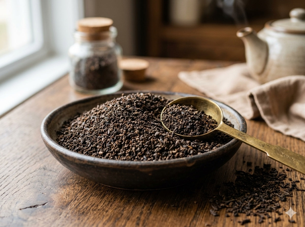English Breakfast Tea leaves in a bowl with a spoon on a wooden table, next to a teapot and jar.