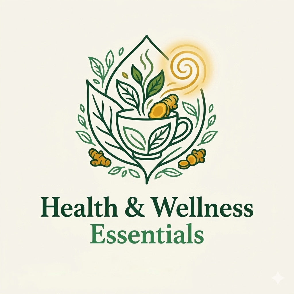 Logo for Health & Wellness Essentials featuring a cup with leaves and a sun on a beige background.