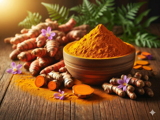 Sartaaj Turmeric and powder on a wooden surface with green leaves in the background
