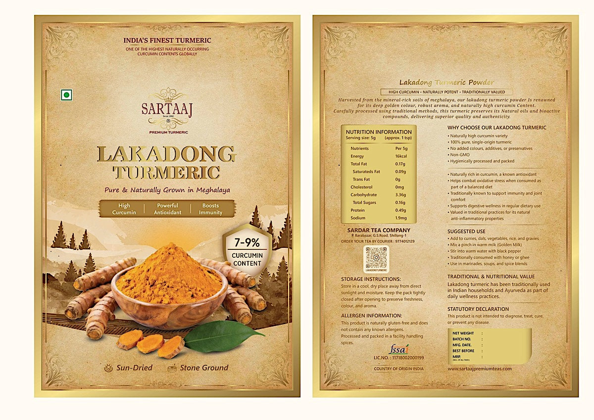 Sartaaj Lakadong Turmeric packaging with turmeric details, traditional value and suggested usage