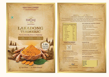 Sartaaj Lakadong Turmeric packaging with turmeric details, traditional value and suggested usage