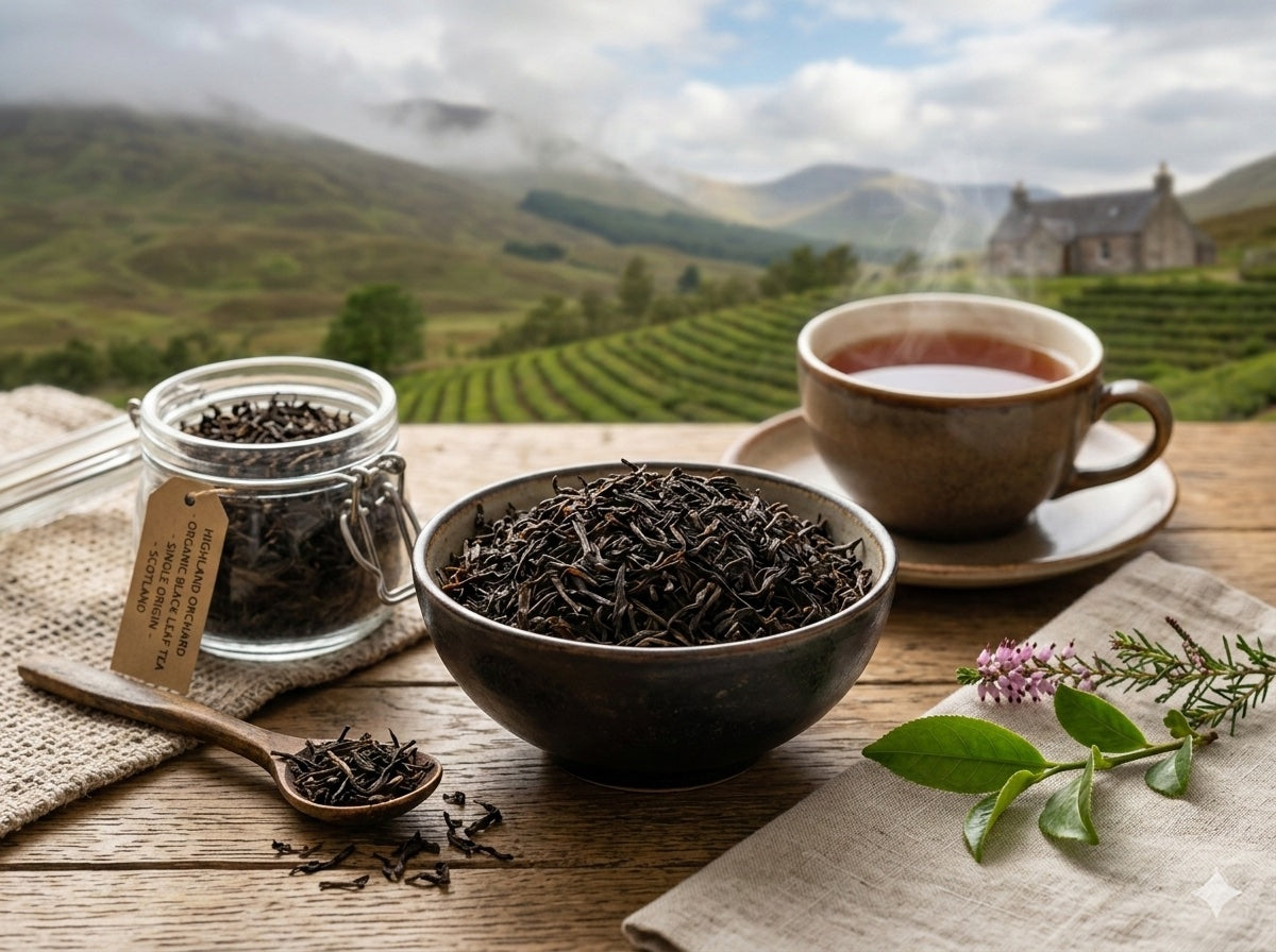 Organic Highland Tea leaves in a bowl and jar with a cup of tea on a wooden table, set against a scenic background.
