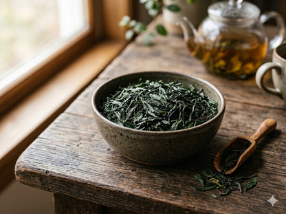 Sartaaj Organic GreenTea in a ceramic bowl on a wooden table with a teapot and cup in the background.