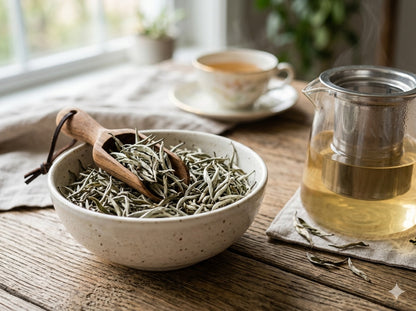 Sartaaj-White-Tea-Hero-Image with white tea leaves in a bowls with a laddle and and white tea pot nearby