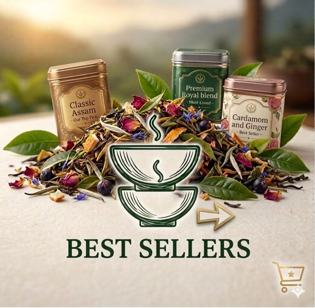 Sartaaj Bestsellers Image with tins with tea leaves and flowers on a blurred natural background, labeled 'Best Sellers'.