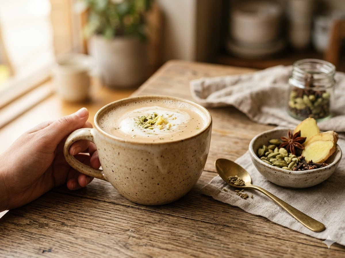 Sartaaj-cardamom-ginger-blend tea cup with garnishes on a wooden table, surrounded by a cozy setting.