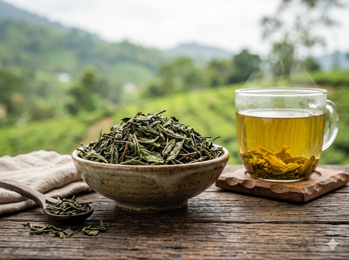 Sartaaj-green-tea leaves in a bowl with a cup of tea on a wooden table, set against a scenic background.