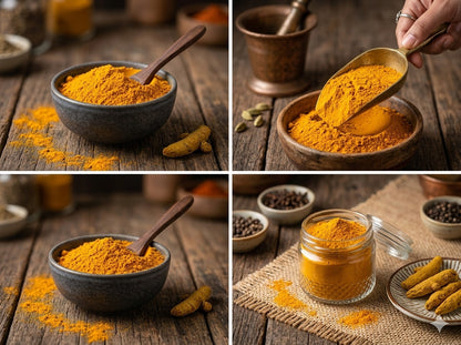 Collage of images showing Lakadong Turmeric powder in various containers on a wooden surface.