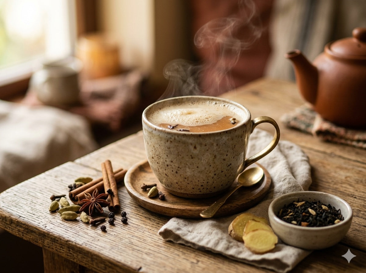 Steaming cup of Sartaaj masala tea on a wooden table with spices and a teapot.