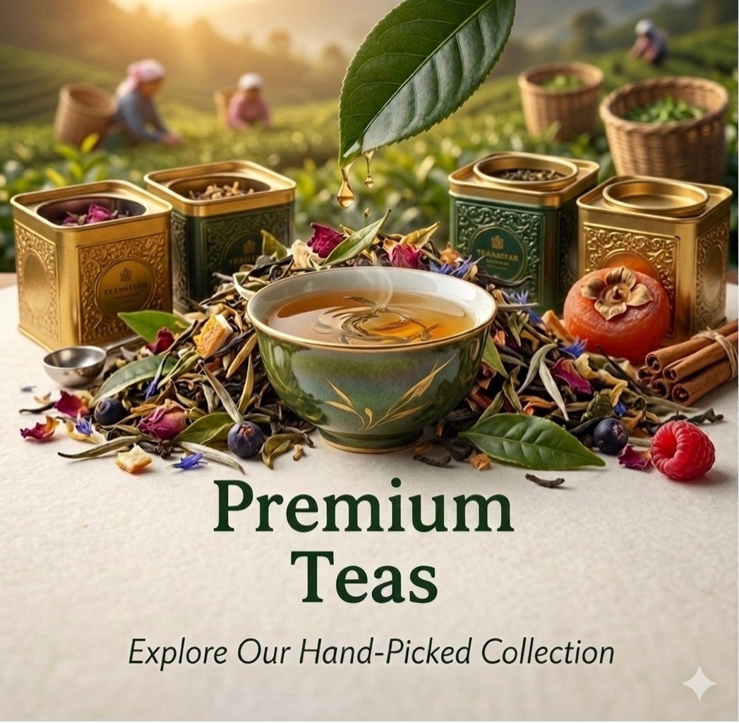 Srtaaj Premium Teas imageg set with tea leaves, flowers, and a cup on a table with a scenic background of tea fields.