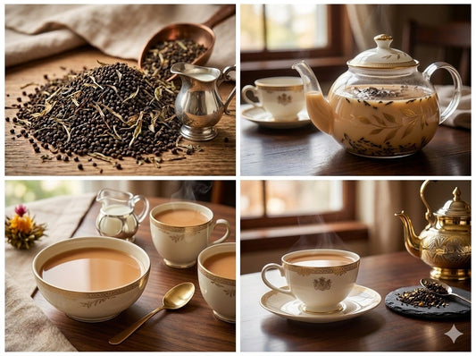 Collage of Sartaaj royal premium blend teacup, teapot, and tea leaves.