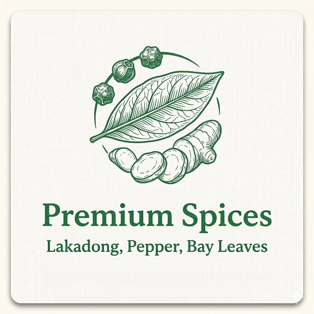 Logo for Premium Spices with illustrations of lakadong, pepper, and bay leaves on a white background.