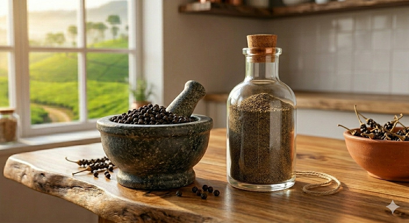 Mortar and pestle with wild Meghalaya black pepper kernels on a wooden surface, next to a glass bottle of ground pepper.