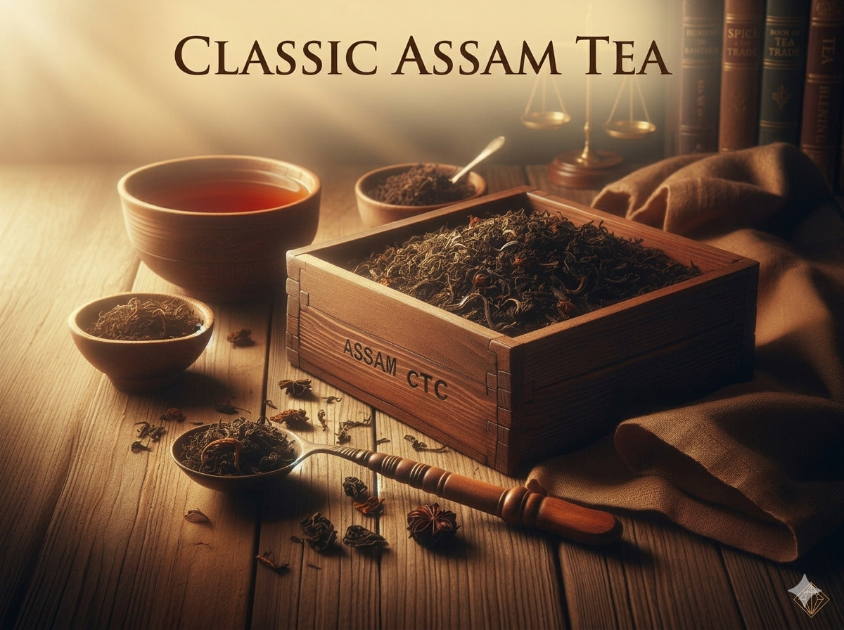 Classic Assam Tea setup with a wooden box labeled 'Assam CTC', a teacup, and tea leaves on a wooden surface.